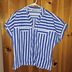 Vintage white and blue striped button down short sleeve blouse.